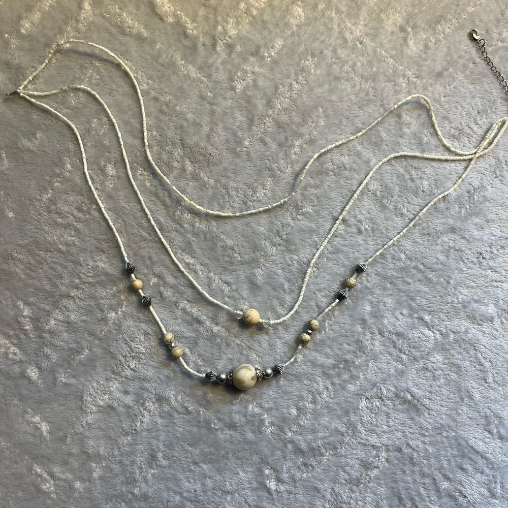 Silver Layered Necklace with Dark Beads Minimalist Design